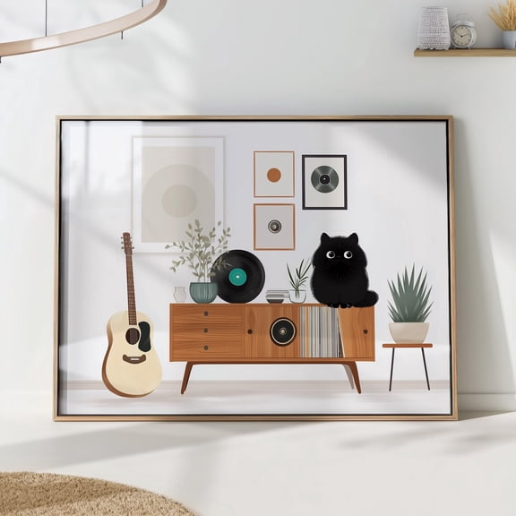 Mid Century Cat Records and Guitar Music Room Wall Art, Unframed Paper Poster 8x10in