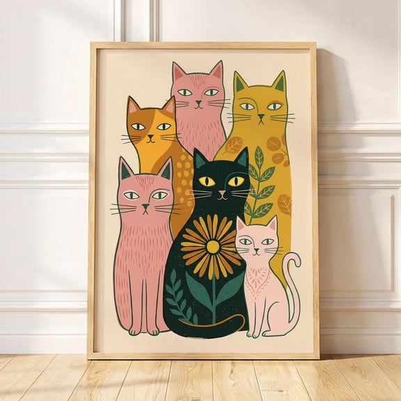 Mid Century Cat Wall Art | Colorful Retro Cat Print | Eclectic Home Decor | Whimsical Abstract Feline Art | Vibrant Modern Animal Print