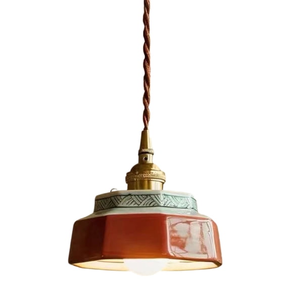 Mid-Century Ceramic Pendant Light, 5.5" Adjustable Hanging Lamp with Geometric Pattern and Brass Socket, for Dining Room Bedroom Kitchen Island