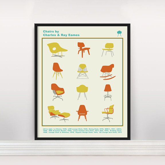 Mid Century Chair Typology Poster, Eames Chair Design Print