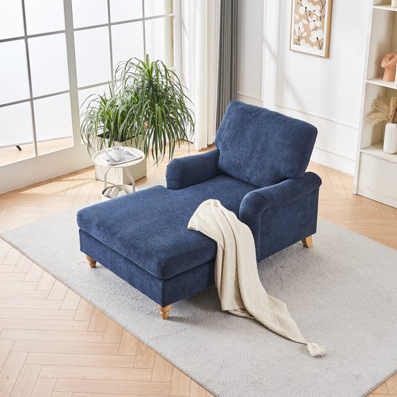 Mid-Century Chaise Lounge Chair, Modern Oversized Chair with Adjustable Backrest, Sleeper Sofa Chair with Soild Wood Legs for Bedroom, Living Room
