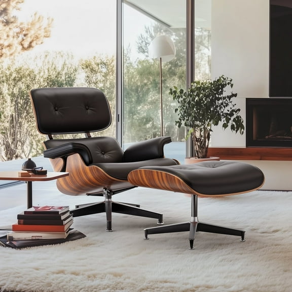 Mid-Century Chaise Lounge Chair with Ottoman Leather Armchair Swivel Accent Chair and Metal Base,Rosewood Pattern,Black