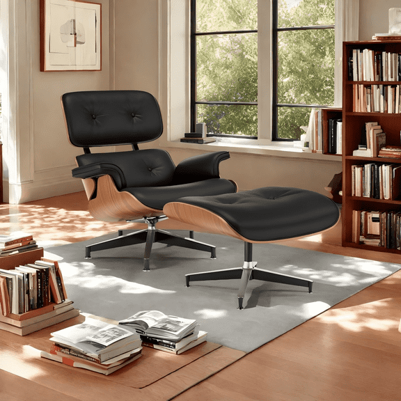 Mid-Century Chaise Lounge Chair with Ottoman Leather Armchair Swivel Accent Chair and Metal Base,Walnut Pattern,Black