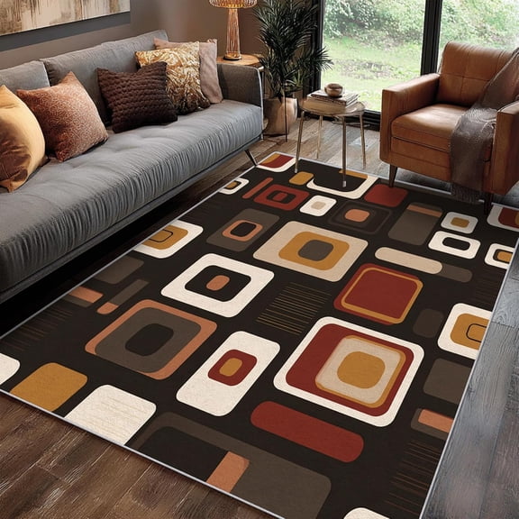 Mid Century Checkered Retro 70s Area Rug, Vintage Design Carpet, Washable Non Slip Soft Low Pile, Living Room Bedroom Kitchen Office Mat 5x8ft
