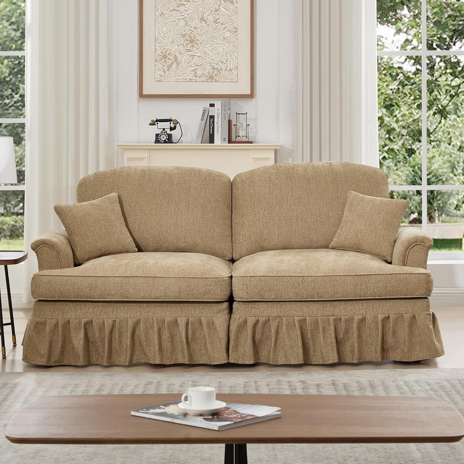 76.4'' Mid-Century Modern Love Seat, Upholstered Loveseat Sofa, Silver Chenille Double Sofa with Removable Ruffles Pleats Skirts, Flared Arms, Deep Couches for Living Room, Apartment, Light Coffee