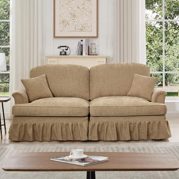 76.4'' Mid-Century Modern Love Seat, Upholstered Loveseat Sofa, Silver Chenille Double Sofa with Removable Ruffles Pleats Skirts, Flared Arms, Deep Couches for Living Room, Apartment, Light Coffee