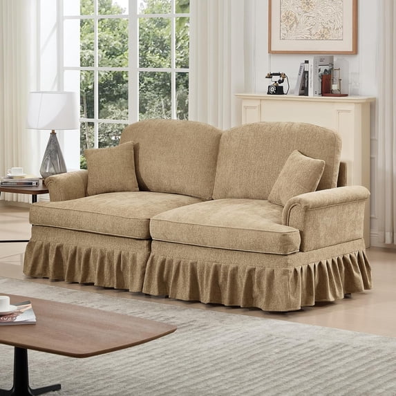 Mid Century Chenille Sectional Sofa, 2 Seat Couch Loveseat with Flared Arms, Removable Ruffles Pleats Skirts, Deep Seat Sofa for Living Room, Light Coffee