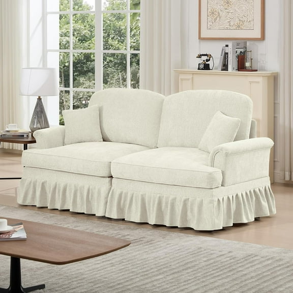 Mid Century Chenille Sectional Sofa, 2 Seat Couch Loveseat with Flared Arms, Removable Ruffles Pleats Skirts, Deep Seat Sofa for Living Room, Beige