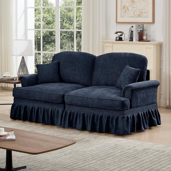 Mid Century Chenille Sectional Sofa, 2 Seat Couch Loveseat with Flared Arms, Removable Ruffles Pleats Skirts, Deep Seat Sofa for Living Room, Blue