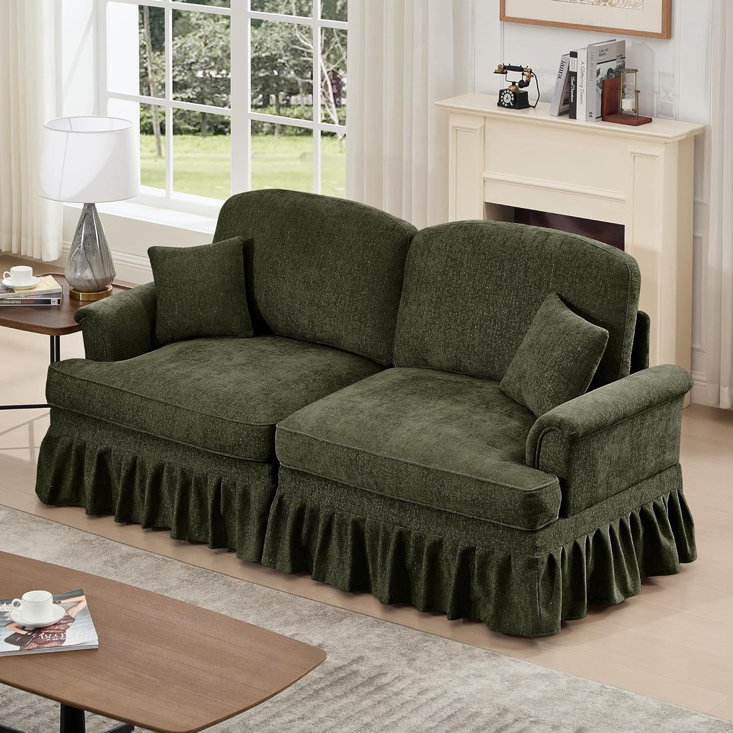 Mid Century Chenille Sectional Sofa, 2 Seat Couch Loveseat with Flared Arms, Removable Ruffles Pleats Skirts, Deep Seat Sofa for Living Room, Green