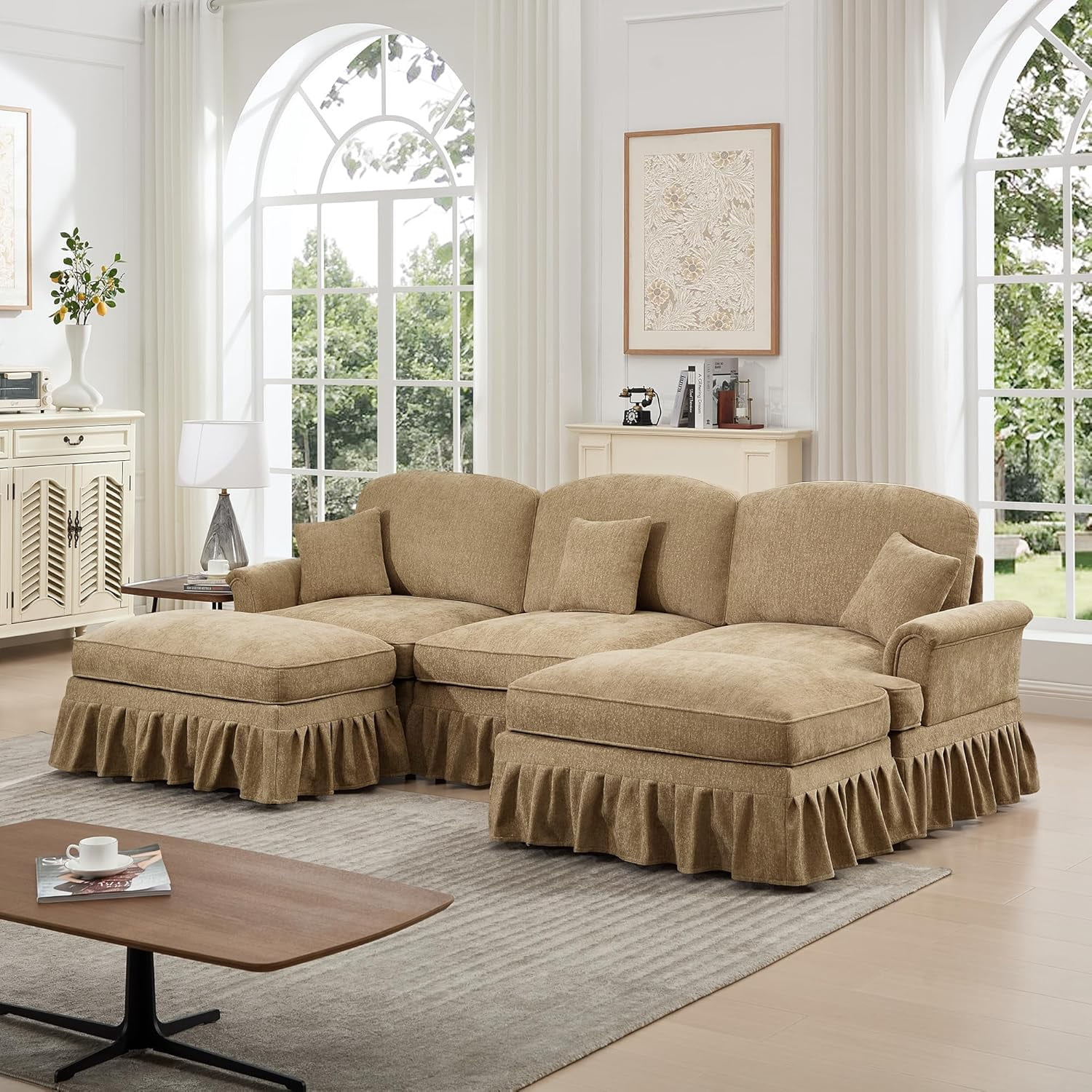 Mid Century Chenille Sectional Sofa, U Shape 3 Seat Couch with Flared Arms, Removable Ruffles Pleats Skirts, Deep Seat Sofa for Living Room, Light Coffee