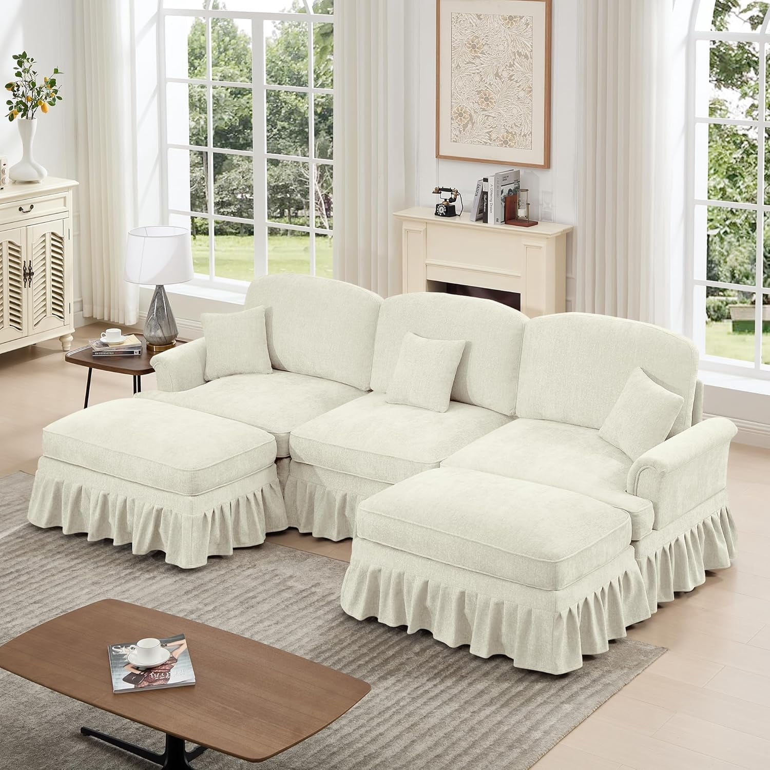 Mid Century Chenille Sectional Sofa, U Shape 3 Seat Couch with Flared Arms, Removable Ruffles Pleats Skirts, Deep Seat Sofa for Living Room, Beige