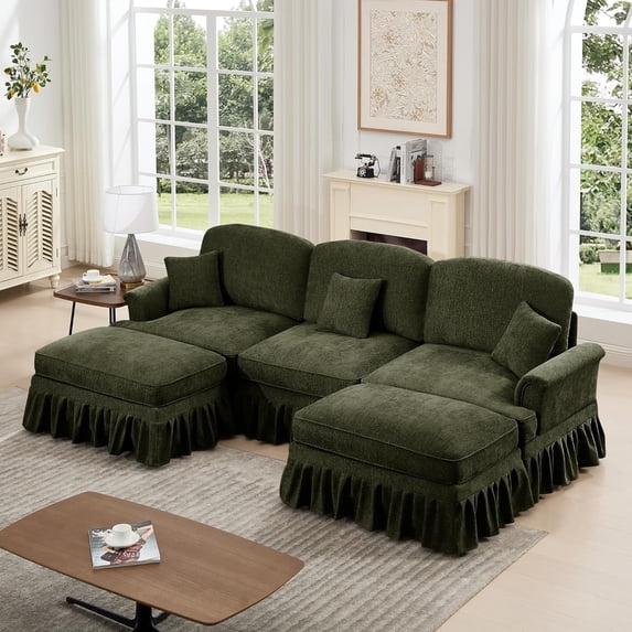 Mid Century Chenille Sectional Sofa, U Shape 3 Seat Couch with Flared Arms, Removable Ruffles Pleats Skirts, Deep Seat Sofa for Living Room, Green
