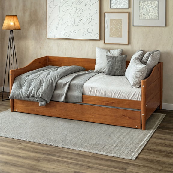 Mid Century Classic Twin Size Day Bed with Trundle Castanho Finish