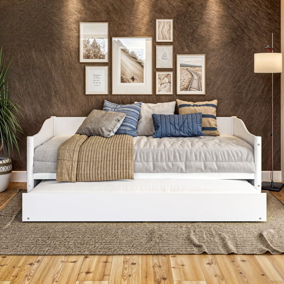 Mid Century Classic Twin Size Day Bed with Trundle White Finish