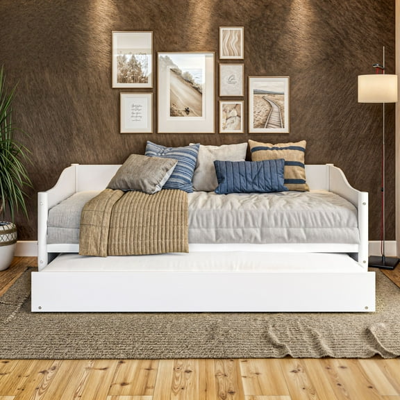 Mid Century Classic Twin Size Day Bed with Trundle White Finish
