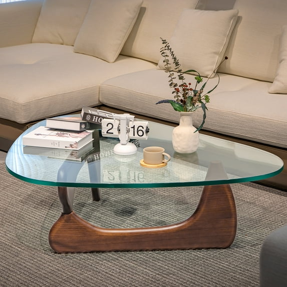Mid-Century Coffee Table Triangle Glass Top Table and Solid Wooden Base Triangle Side End Table Easy Assemble,Dark Walnut