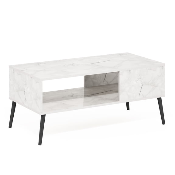 Mid Century Coffee Table with Wood Legs, Marble White Finish