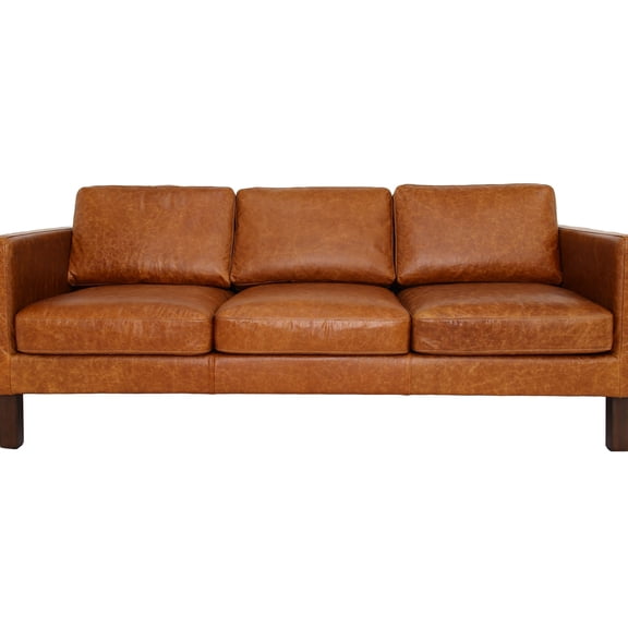 Mid-Century Cognac Leather Sofa | Ideal for Main Living Spaces | Aniline-Dyed Leather with Character | Semi-Assembled for Quick Use