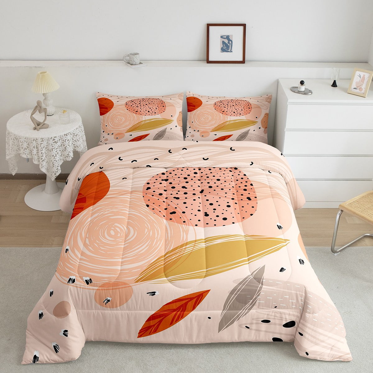 Mid Century Comforter Set Full Hippie Minimalism Bedding Set, Hippie