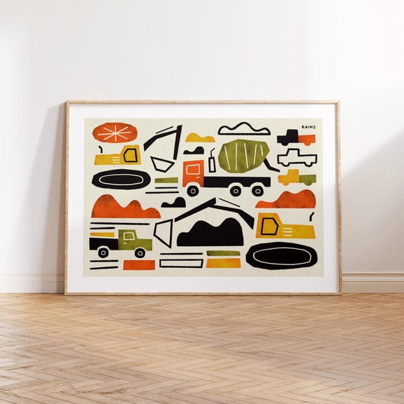 Mid-Century Construction Vehicles Digger Boy Room Decor, Unframed Paper Poster 8x10in