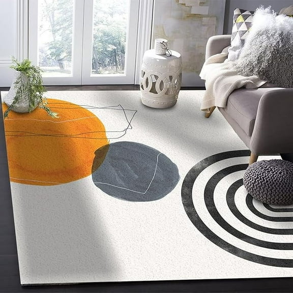 Mid Century Contemporary Non-Slip Area Rug, Boho Modern Geometric Orange Circle Art Living Room Rugs Floor Mats, Washable Soft Large Floor Carpet For Bedroom Bathroom 5 x 6ft