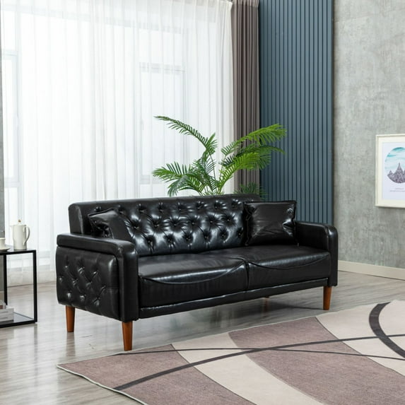 Mid Century Couches, 3-Seat PU Leather Love Seat Sofa with 2 Throw Pillows, Armrest and Wooden Legs, Button Tufted Upholstered Loveseats for Living Room, Bedroom, Office, Apartment (Black)