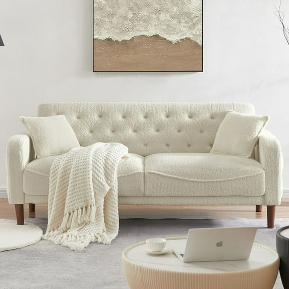 Mid Century Couches, 3-Seat Teddy Velvet Love Seat Sofa with 2 Throw Pillows, Armrest and Wooden Legs, Button Tufted Upholstered Loveseats for Living Room, Bedroom, Office, Apartment (Beige)