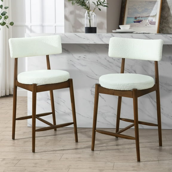 Mid-Century Counter Stools with Curved Open Back, Upholstered Seat, Solid Wood Frame, Beige+Walnut, Set of 2