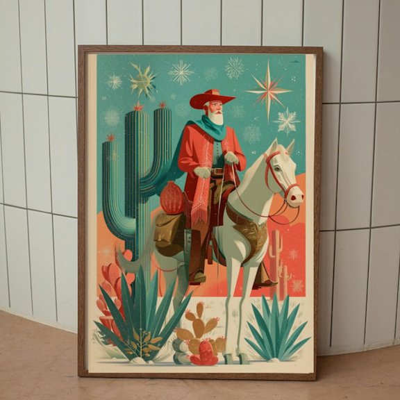 Mid Century Cowboy Santa Retro Western Christmas Atomic Desert Holiday Coral Minimalist Xmas Poster , Poster Print Only
