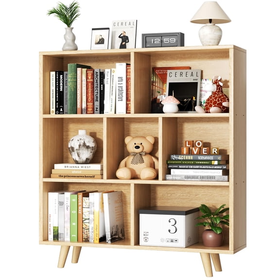 Mid-Century Cube Bookcase With Legs, 3-Tier Open Shelf in Natural Wood