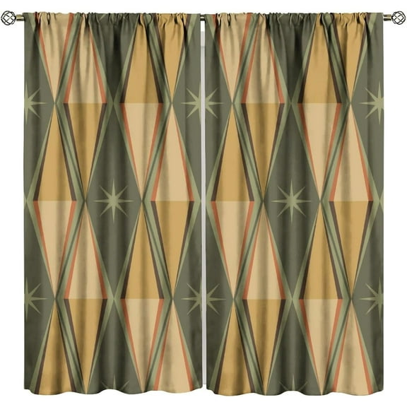 Mid Century Curtain Retro Brown Geometry Pattern Print Decor Rod Pocket Window Drapes for Bedroom Living Room 53"W x 63"L (Pack of 2)