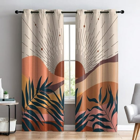 Mid Century Curtains, Abstract Terracotta Mountain Blackout Window Drapes For Living Room, Aesthetic Sun Window Curtain Panels For Bedroom, Grommet Top 53"W x 96"L (Pack of 2)