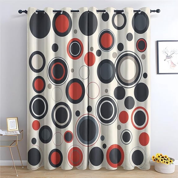Mid Century Curtains for Bedroom Decor, Red Black Minimalist Modern Dot Pattern Design Blackout Drapes, Circle Curtains for Kitchen Bathroom Cafe 42"W x 108"L (Pack of 2)