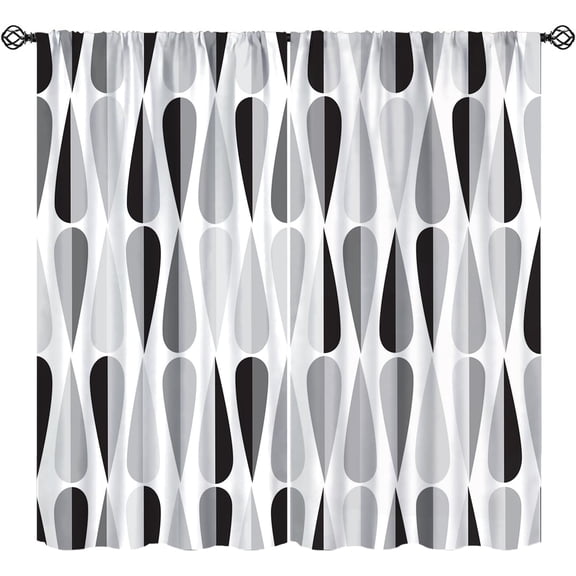 Mid Century Curtains, Classic Black White Gray Retro Droplet Shape Pattern Window Treatments, Rod Pocket Thermal Insulated Drapes 2 Panel Sets for Bedroom Living Rooms, 55" W X 39" L