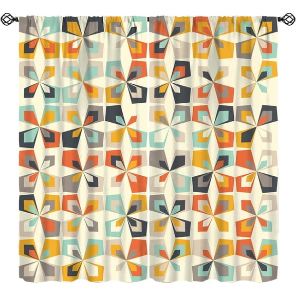 Mid Century Curtains, Geometric Retro Rustic Style Window Treatments, Rod Pocket Thermal Insulated Drapes 2 Panel Sets for Bedroom Living Rooms, 55" W X 39" L
