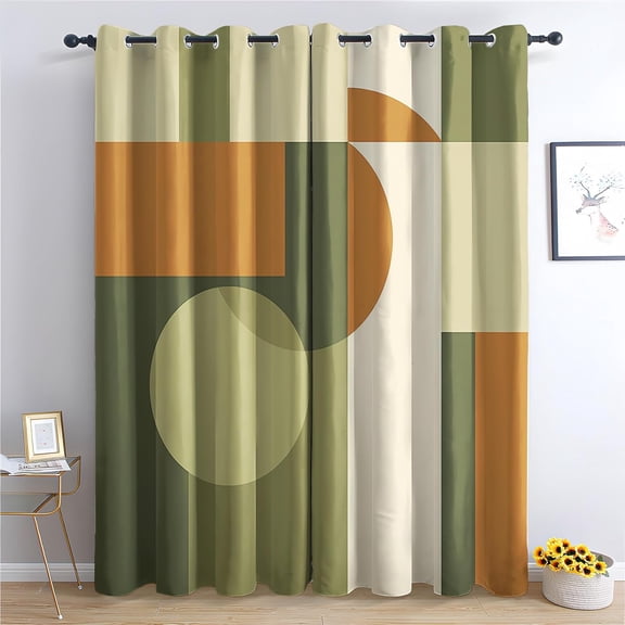 Mid Century Curtains for Living Room Decor,2 Panels Set, Olive Green Burnt Orange Geometric Pattern Design Blackout Drapes, Modern Retro Curtains for Bedroom-42"W x 45"L (Pack of 2)