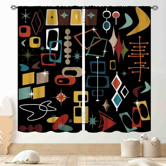Mid Century Curtains, Modern Abstract Atomic Geometric Print Colorful Retro 1950s 1960s Pastel Blackout Window Drapery Treatments for Living Room Bedroom Bathroom Kitchen 2 Panels, 84"x84" Inch