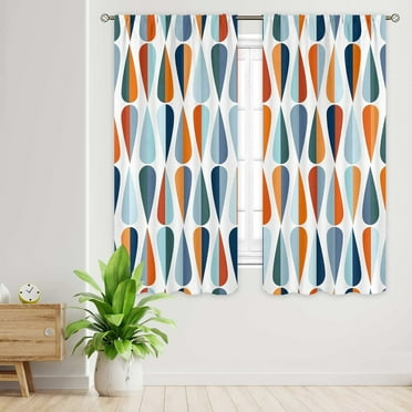 Mid Century Curtains Modern Colorful Rod Pocket 42 (W) x 63(L) Inch Orange Abstract Geometric Drop Shapes Window Drapes Retro Bedroom Decor Art Printed Living Room Treatment Fabric 2 Panels