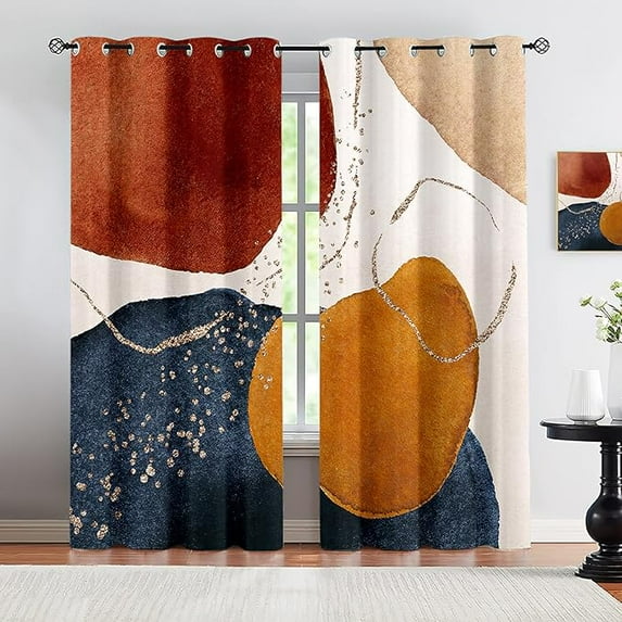 Mid Century Curtains Terracotta Abstract Geometric Blackout Curtains, Burnt Orange Navy Block Gold Line Accent Indoor Curtains For Bedroom Living Room 26"W x 54"L (Pack of 2)