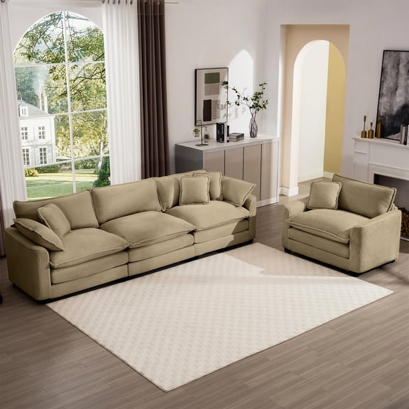 Tan Corduroy Sectional - Double-Layer Cushion - Club & Bedroom - Decor Fit
