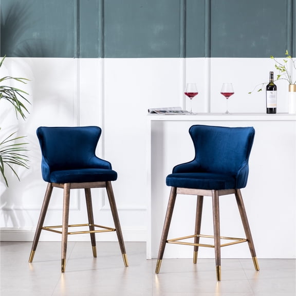 Tapered Legs Design / Home Bar / Blue Upholstered Stool Set