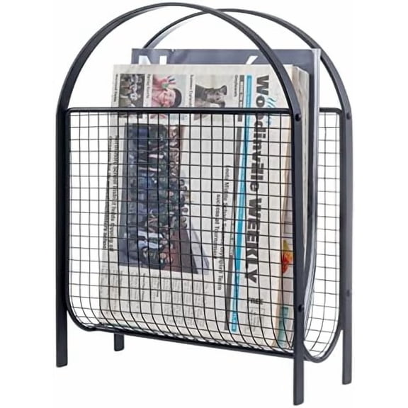 Mid-Century Design Magazine Rack, Matte Black Tone Metal Mesh Freestanding Magazine Organizer Holder Sling