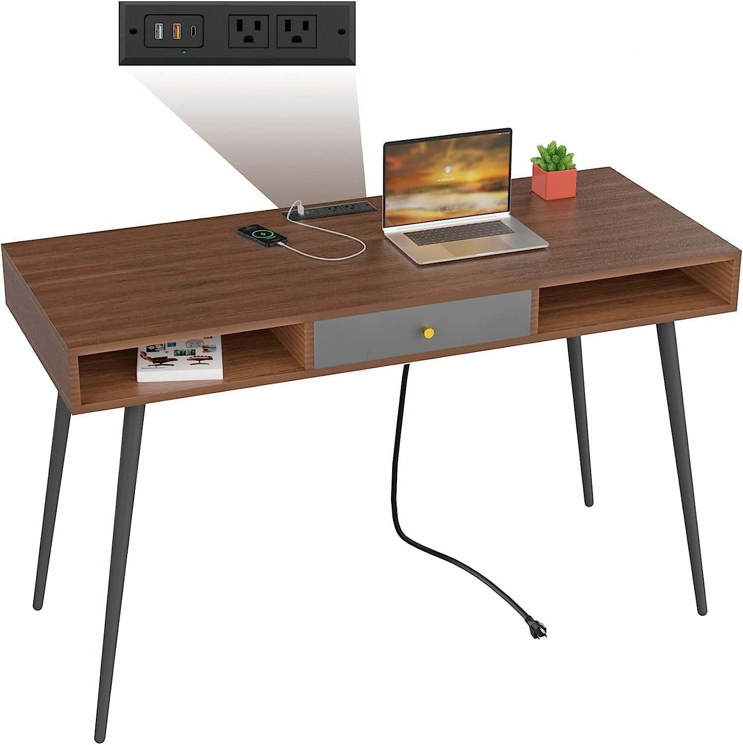 Mid Century Desk with USB Ports and Power Outlet, Modern Writing Desk with Drawer