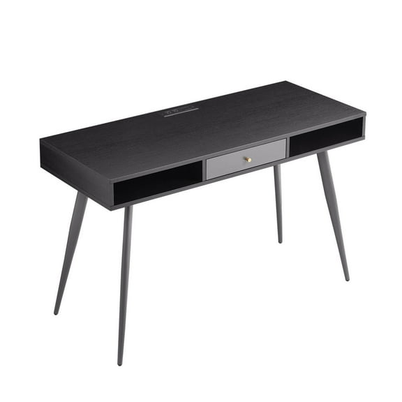 Mid Century Desk with USB Ports and Power Outlet, Modern Writing Study Desk with Drawers, Multifunctional Home Office Computer Desk Black