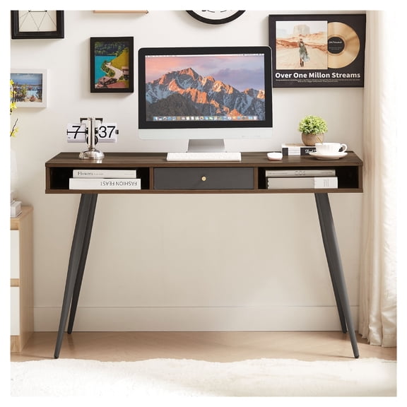 Mid Century Desk with USB Ports and Power Outlet, Modern Writing Study Desk with Drawers, Multifunctional Home Office Computer Desk Walnut