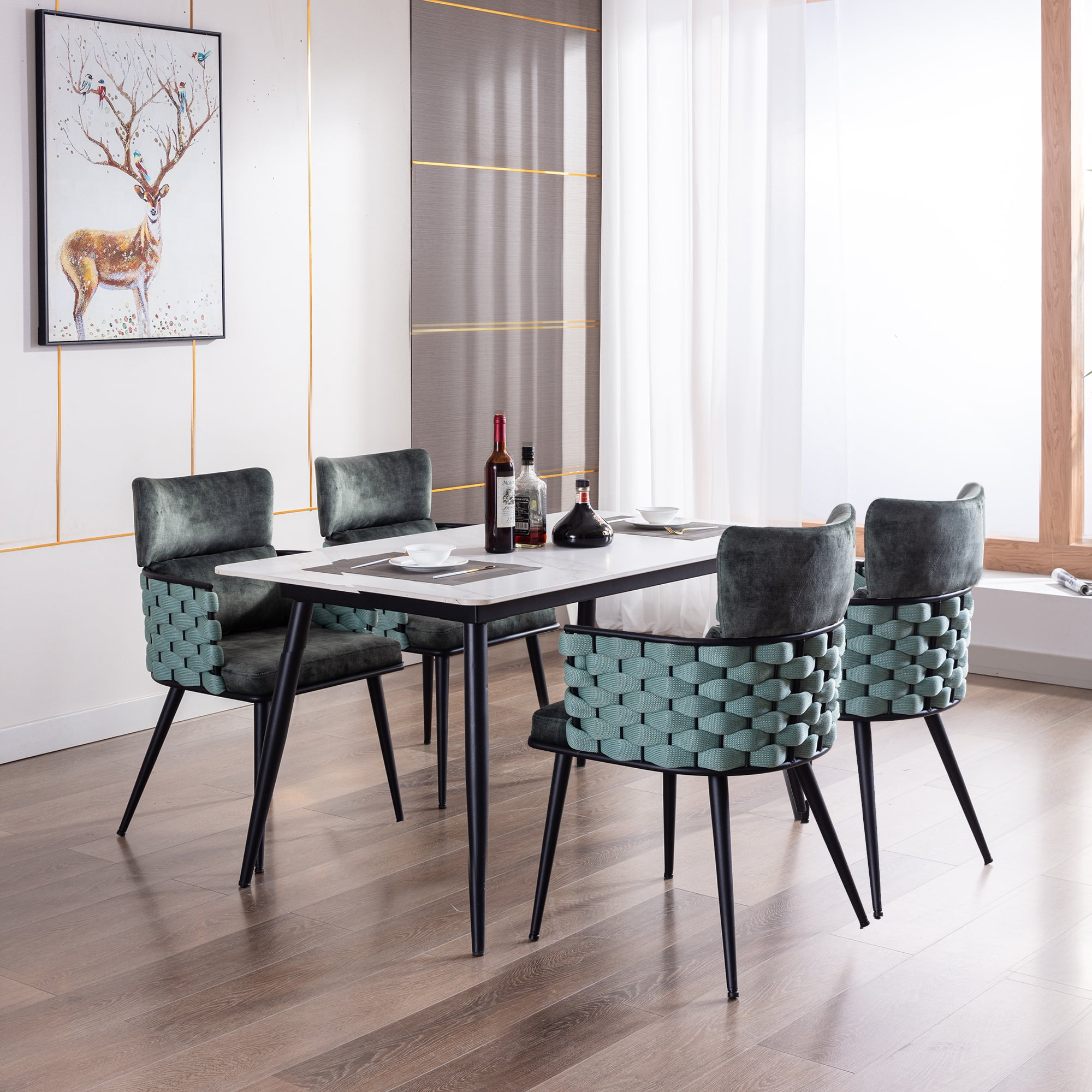 Modern Mid-Century Set of Dining Chairs, Handmade Woven Design