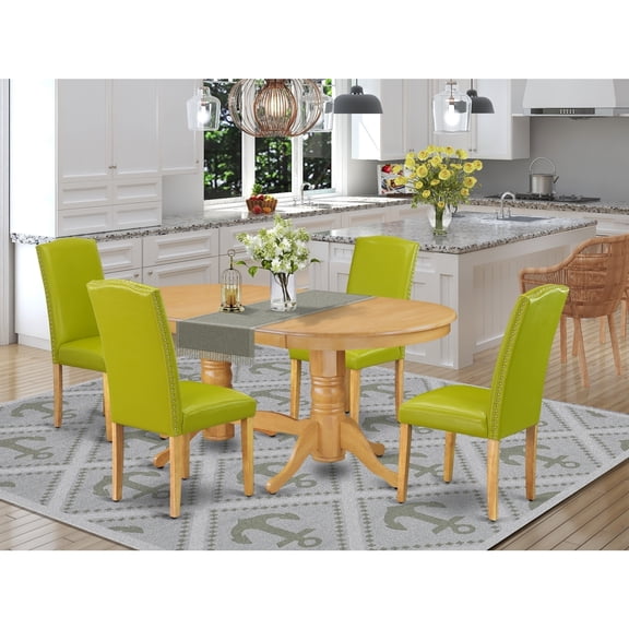 Mid-Century Dining Set 4 Person - Table with Leaf & 4 Parsons Chairs - Autumn Green PU Leather