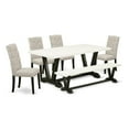thumbnail image 1 of East West Furniture 6-Pc Mid Century Dining Table Set-Doeskin Linen Fabric Seat and Button Tufted Chair Back Dining room chairs, A Rectangular Bench and Rectangular Top dining room table with Wood Leg, 1 of 6
