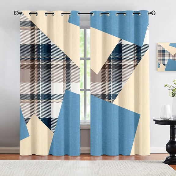 Mid-Century Distressed Grid Blackout Window Curtain, Geometric Natural Darkening Window Curtain, Grommet Thermal Insulated Window Curtain For Living Room Bedroom Office 38"W x 54"L (Pack of 2)